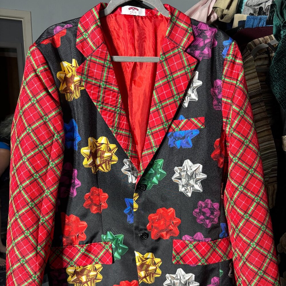 Holiday Time Christmas Plaid & Bows Ugly-Sweater-Party Blazer SZ Medium